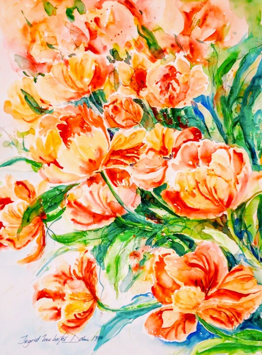 Painting titled "Blossoming Tulips" by Ingrid Dohm, Original Artwork, Watercolor