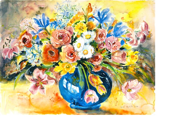 Painting titled "Blue Vase Watercolor" by Ingrid Dohm, Original Artwork, Oil
