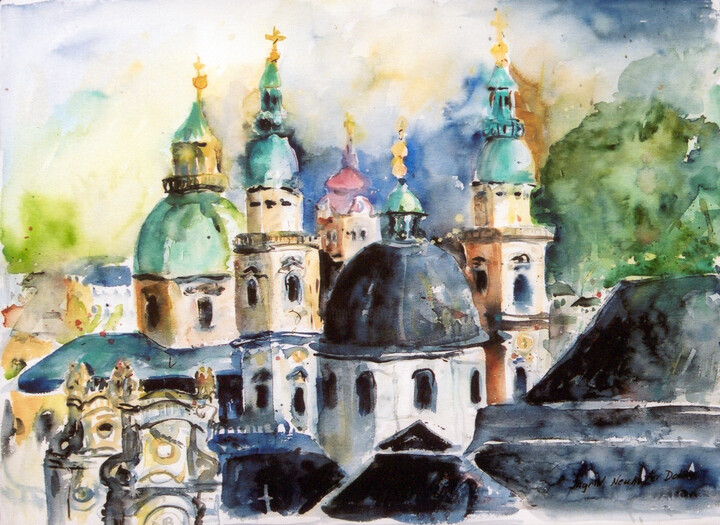 Malerei mit dem Titel "Salzburg" von Ingrid Dohm, Original-Kunstwerk, Aquarell