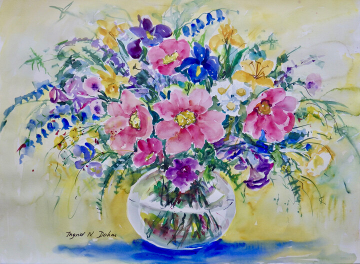 Painting titled "Pink and Blue" by Ingrid Dohm, Original Artwork, Watercolor