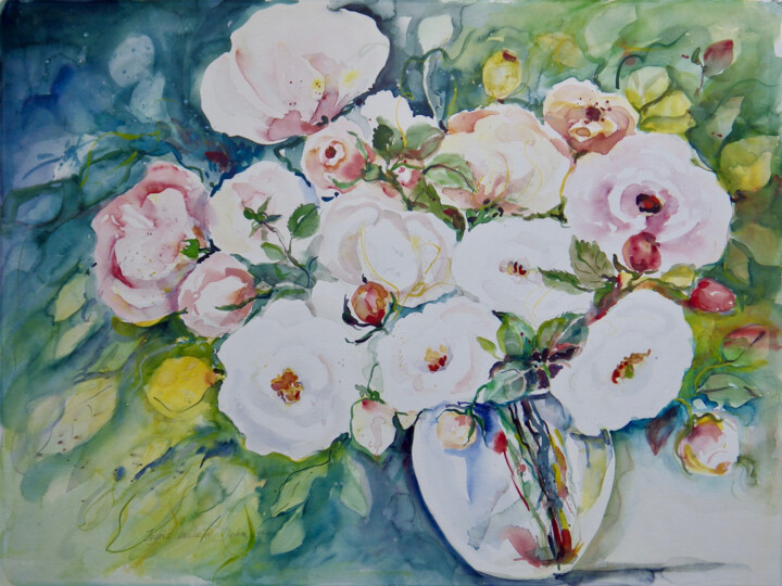 Painting titled "White Roses" by Ingrid Dohm, Original Artwork, Watercolor