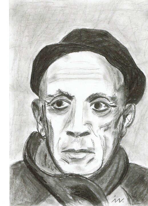 Drawing titled "Pablo Picasso" by Ingrid Edith Wekel, Original Artwork, Charcoal