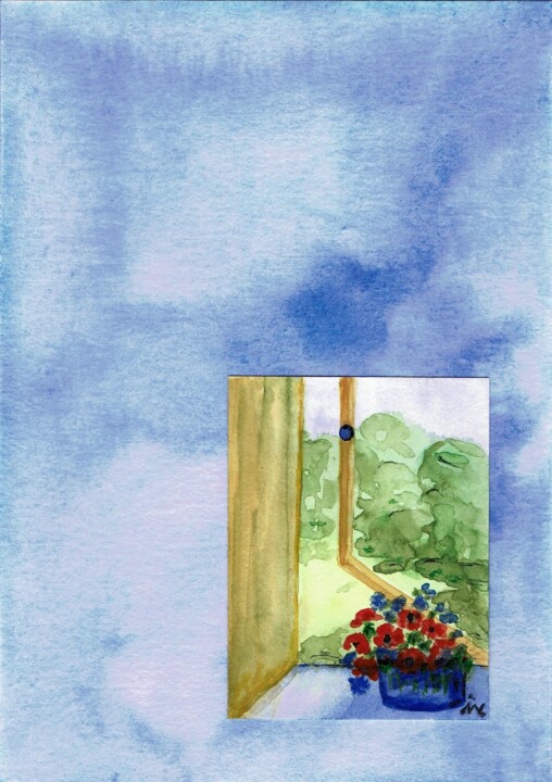 Painting titled "Kleines Blauknopffe…" by Ingrid Edith Wekel, Original Artwork, Watercolor