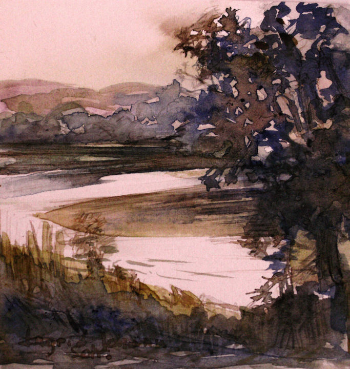 Painting titled "Soir sur la rivière" by Ingrid Johann, Original Artwork, Watercolor