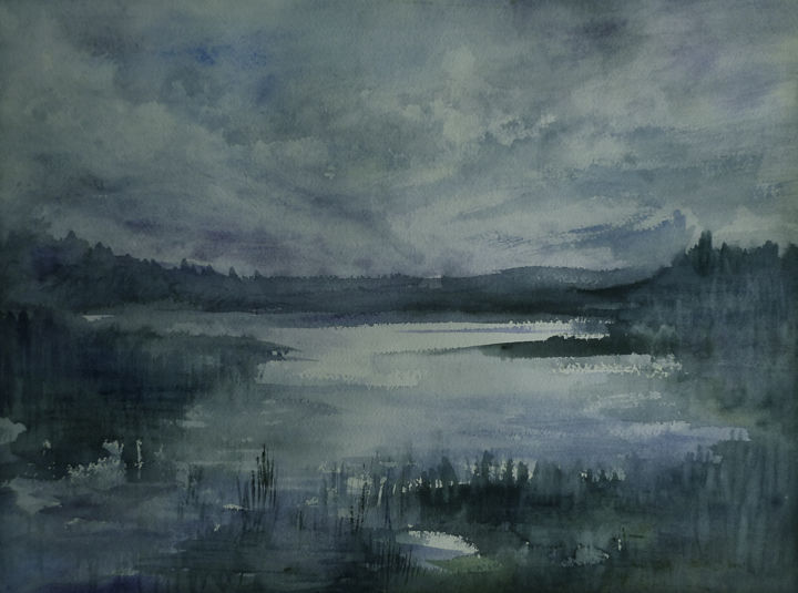 Painting titled "Nuit sur l'étang" by Ingrid Johann, Original Artwork, Watercolor