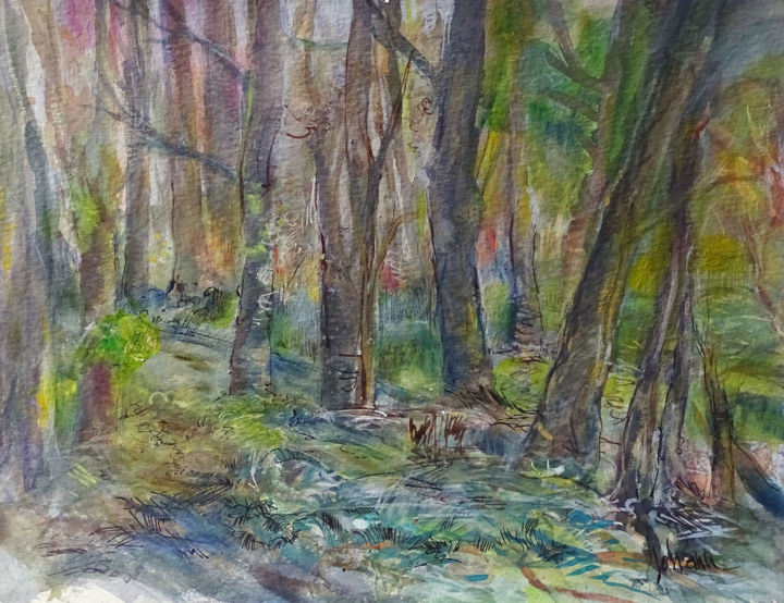 Peinture intitulée "Balade en fôret" par Ingrid Johann, Œuvre d'art originale, Aquarelle