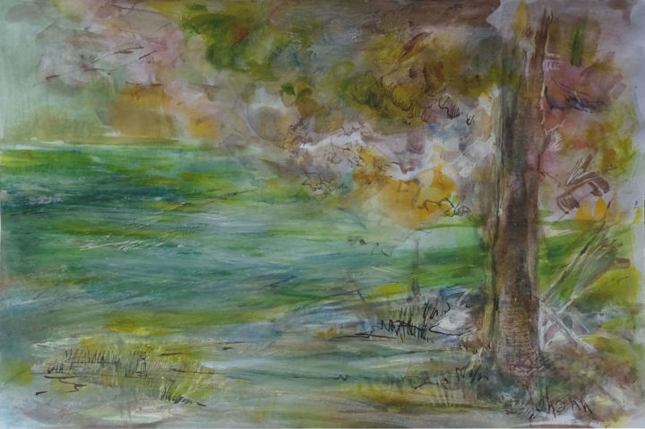 Pintura intitulada "Coup de vert" por Ingrid Johann, Obras de arte originais, Aquarela