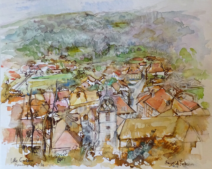 Drawing titled "Village comtois" by Ingrid Johann, Original Artwork, Watercolor
