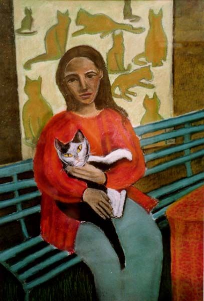 Disegno intitolato "Lydia and cats" da Ingrid Kluts, Opera d'arte originale