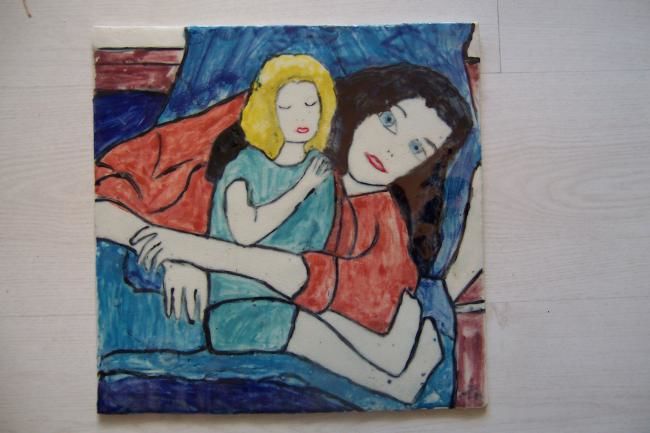 Painting titled "Au lit avec Maman" by Ingrid Ohayon, Original Artwork, Oil