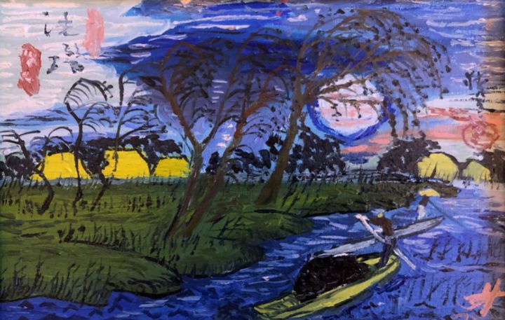 Картина под названием "Осенняя Луна в Себе…" - Себини, Подлинное произведение искусства, Масло Установлен на Деревянная рама…