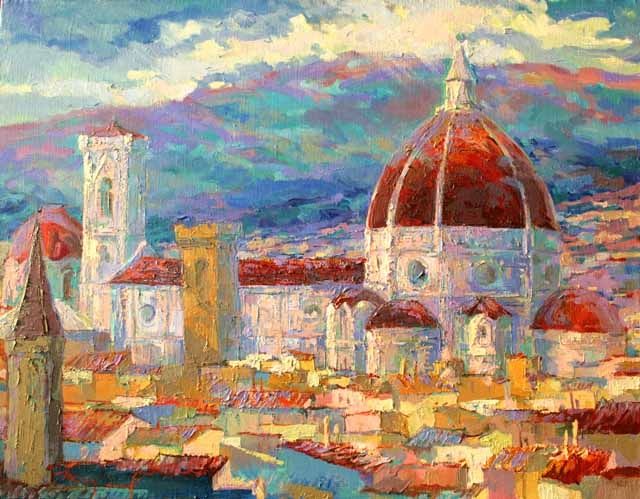 Картина под названием "Дождь над Флоренцие…" - Igor Mirgorod, Подлинное произведение искусства, Масло
