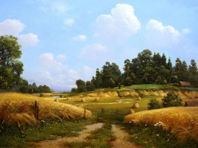 Painting titled "country landscape" by Igor Konstantinov (I.GORE), Original Artwork, Oil