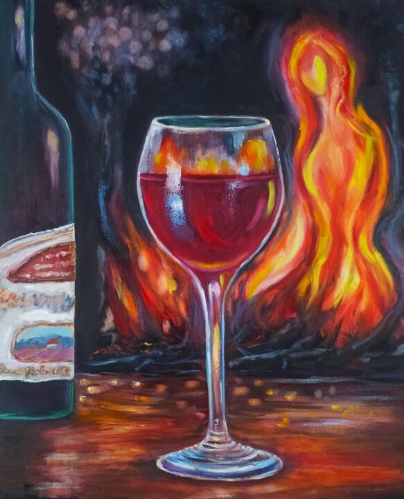 Painting titled "Red wine" by Inna Bebrisa, Original Artwork, Oil Mounted on Wood Stretcher frame
