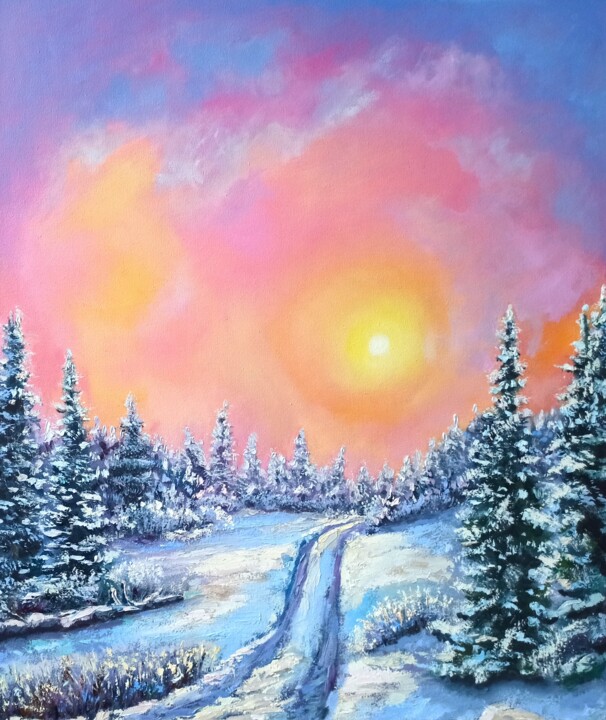 Картина под названием "Colorful winter lan…" - Inna Bebrisa, Подлинное произведение искусства, Масло