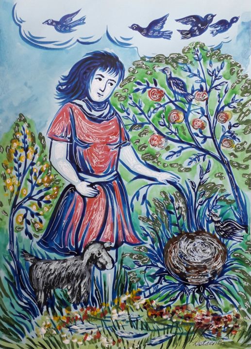 Schilderij getiteld "Once in the garden" door Inna Dotsenko, Origineel Kunstwerk, Inkt