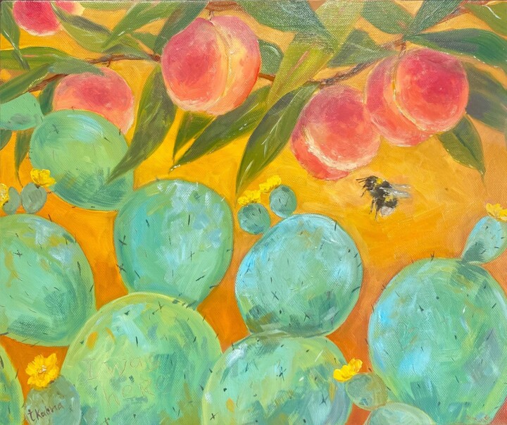 Painting titled "Cactus Peach Bumble…" by Inna Kalenychenko, Original Artwork, Oil