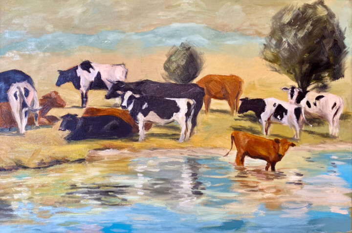 Pintura titulada "Herd of Cows Oil Pa…" por Inna Kalenychenko, Obra de arte original, Oleo