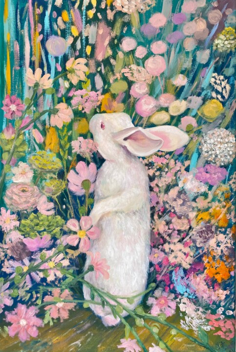 Painting titled "White rabbit in flo…" by Inna Kalenychenko, Original Artwork, Oil