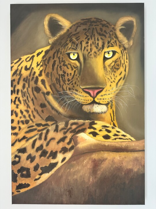 Painting titled "“Leopard in the for…" by Inna Levchenko, Original Artwork, Oil Mounted on Wood Stretcher frame