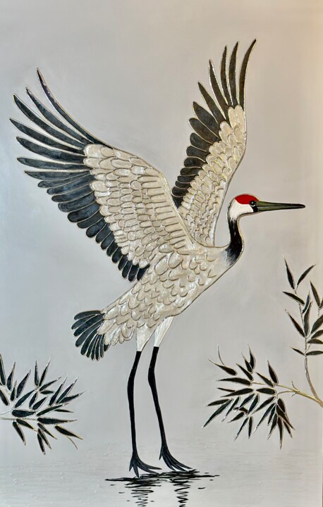 Painting titled "Painting "Crane in…" by Inna Levchenko, Original Artwork, Acrylic Mounted on Wood Stretcher frame