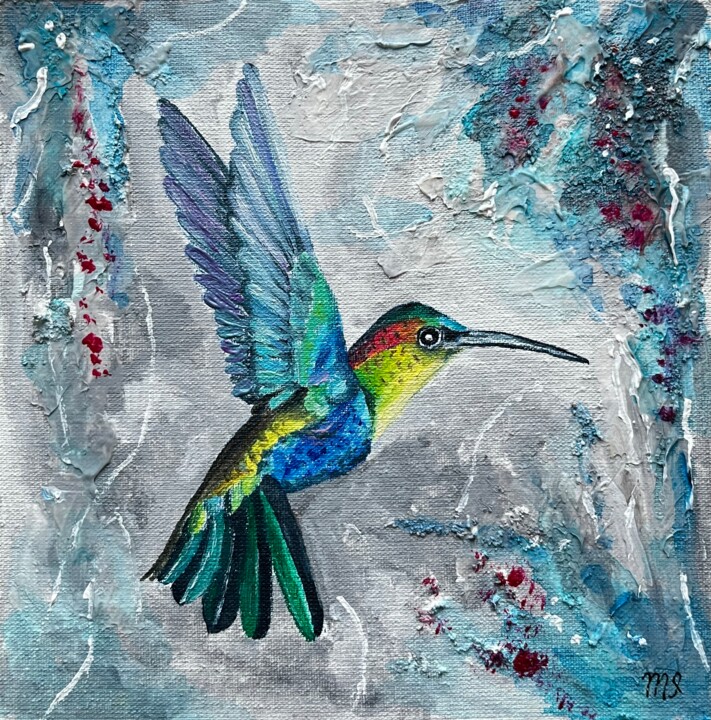 Painting titled "Hummingbird paintin…" by Inna Martynenko, Original Artwork, Oil Mounted on Wood Panel