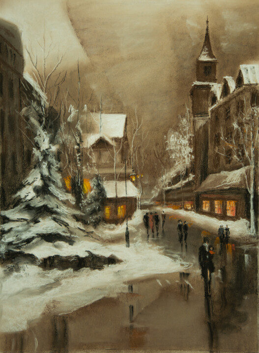 Disegno intitolato "City winter" da Inna Medvedeva, Opera d'arte originale, Pastello