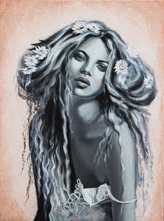 Painting titled "Flowers in a hair" by Inna Medvedeva, Original Artwork, Oil Mounted on Wood Stretcher frame