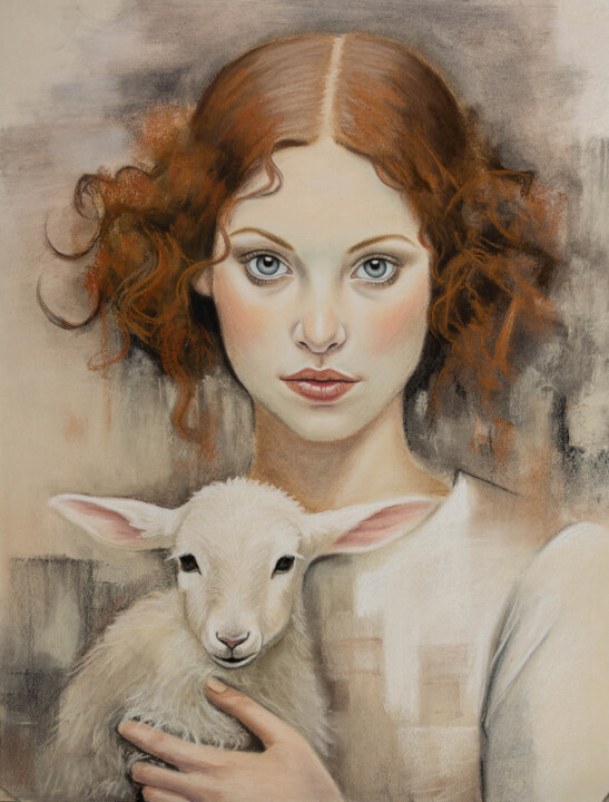 Drawing titled "Girl with a lamb" by Inna Medvedeva, Original Artwork, Pastel