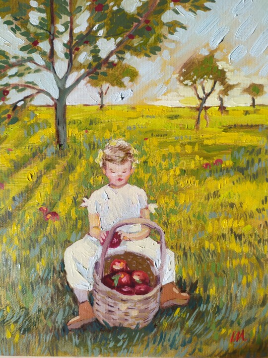 Painting titled ""Laney in the apple…" by Inna Novobranets, Original Artwork, Oil Mounted on Wood Stretcher frame