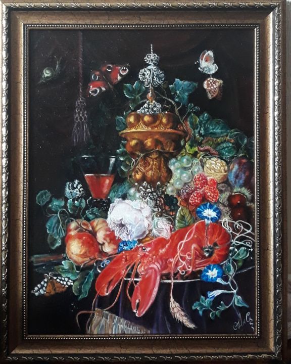 Картина под названием "Натюрморт с лобстер…" - Inna Romanow, Подлинное произведение искусства, Масло