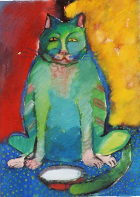 Peinture intitulée "Chat  vert content" par Inna Skliarevskaia, Œuvre d'art originale, Huile