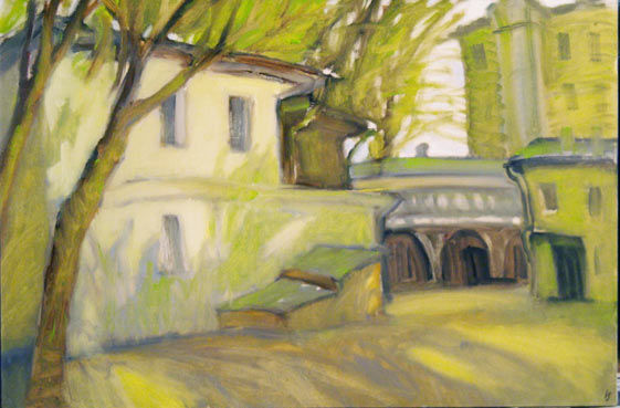 Pintura intitulada "La cour en vert." por Inna Skliarevskaia, Obras de arte originais