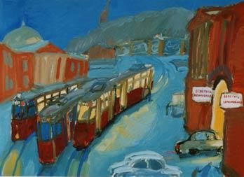 Painting titled "Enfance.Tramways a…" by Inna Skliarevskaia, Original Artwork, Oil