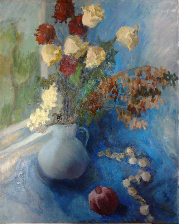 Painting titled "Осенние розы и гран…" by Inna Pylypenko, Original Artwork, Oil