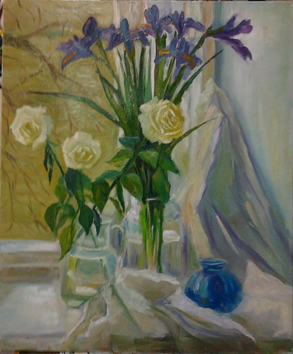 Painting titled "Розы и ирисы.jpg" by Inna Pylypenko, Original Artwork, Oil