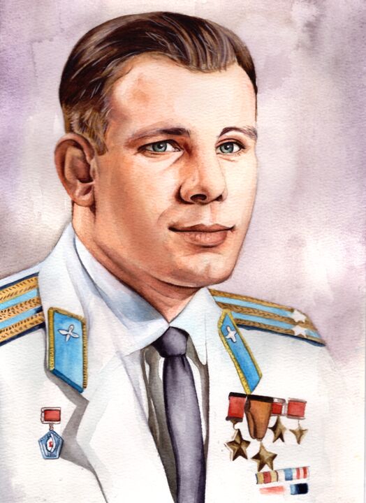 「''Юрий Гагарин''」というタイトルの絵画 Inna Lagunによって, オリジナルのアートワーク, 水彩画