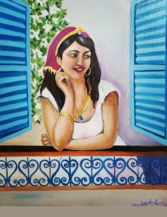 Painting titled "Femme au balcon" by Insaf Belkhodja, Original Artwork, Oil