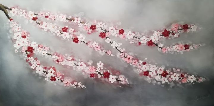Painting titled "Sakura" by Inspired By Nature, Original Artwork, Acrylic Mounted on Wood Stretcher frame