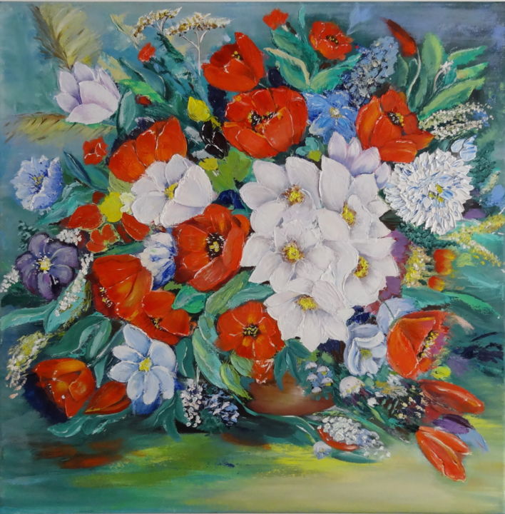 Painting titled "Flores" by Helena Golion, Original Artwork, Oil
