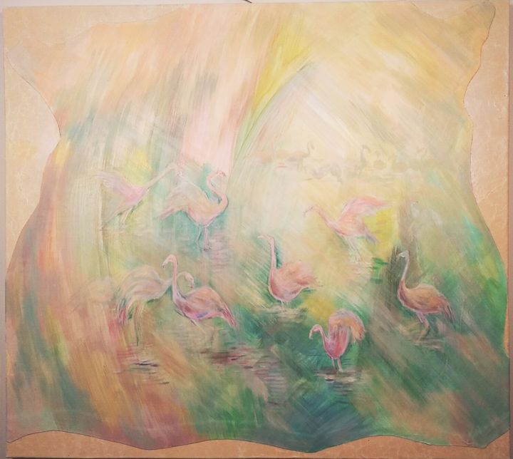 Malerei mit dem Titel "Сны с фламинго" von Tatiana Ortelio, Original-Kunstwerk, Acryl