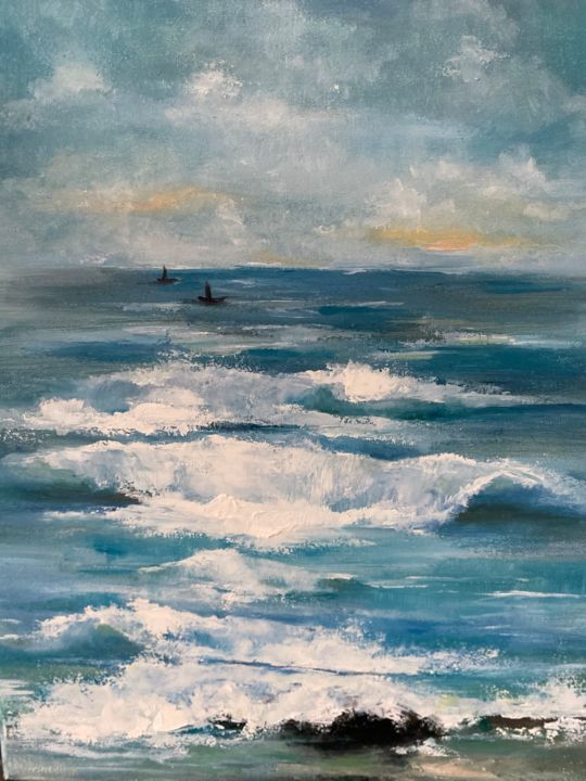 Painting titled "The Waves" by Iryna Nuhimovich, Original Art, Oil Mounted on Stretcher frame
