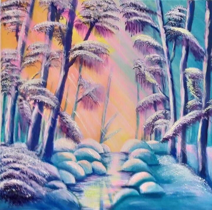 Pintura titulada "Winter river and tr…" por Invinci Bill Jean, Obra de arte original, Acrílico