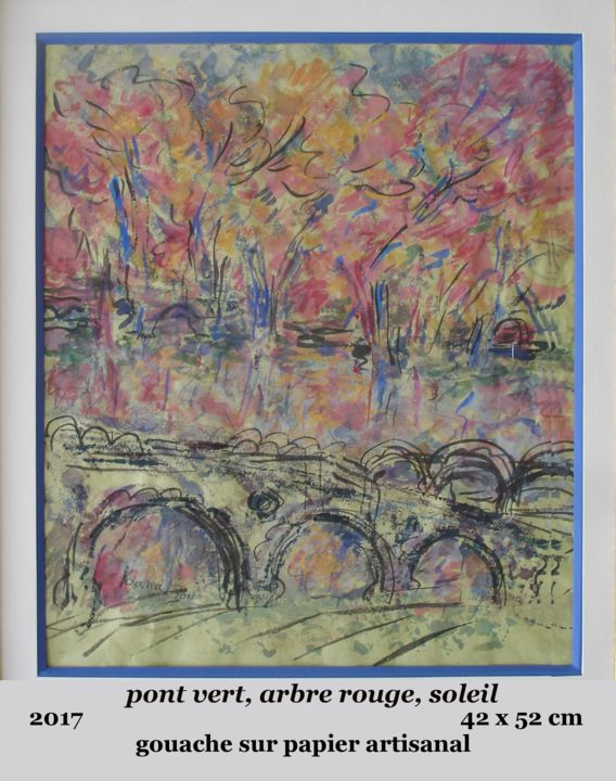 Painting titled "pont-vert-arbre-rou…" by Ioana, Original Artwork, Gouache