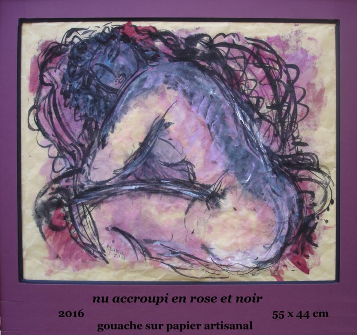 Peinture intitulée "nu accroupi en rose…" par Ioana, Œuvre d'art originale, Gouache