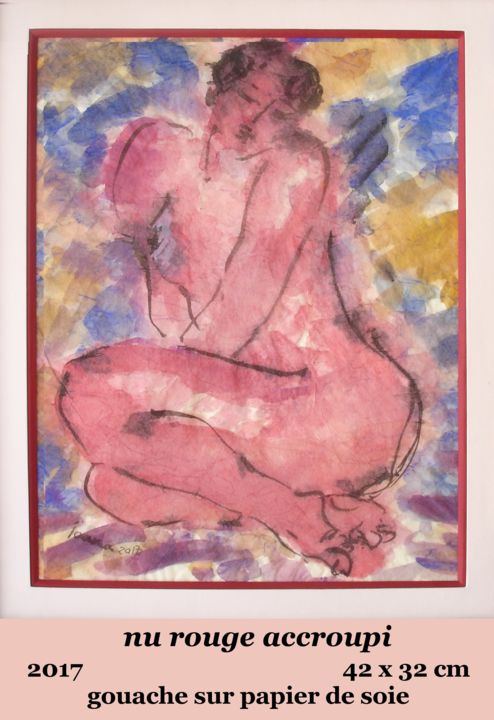 Peinture intitulée "nu rouge accroupi" par Ioana, Œuvre d'art originale, Gouache