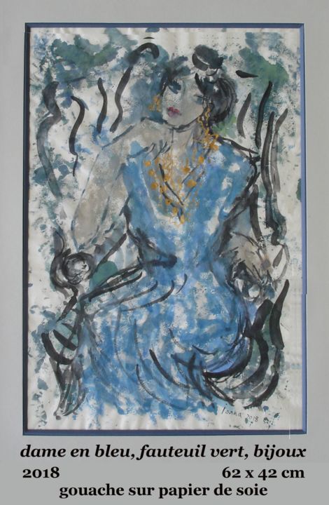 Painting titled "dame en bleu fauteu…" by Ioana, Original Artwork, Gouache