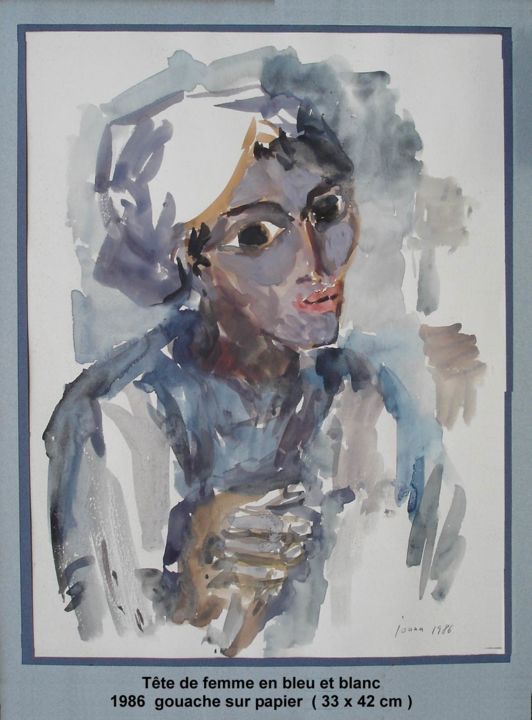 Schilderij getiteld "tête de femme en bl…" door Ioana, Origineel Kunstwerk, Aquarel