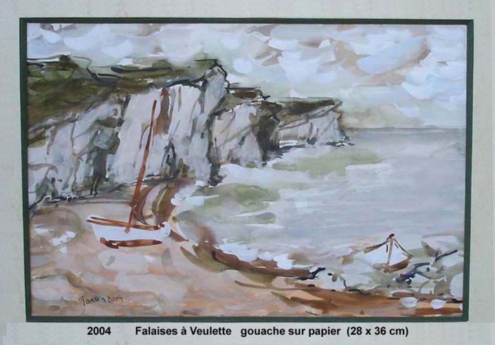 Pintura intitulada "falaises à Veulette" por Ioana, Obras de arte originais, Guache