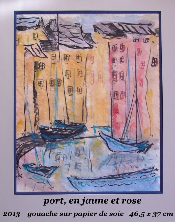Painting titled "port, en jaune et r…" by Ioana, Original Artwork, Oil